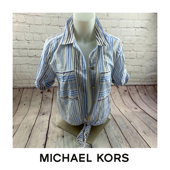 Michael Kors Tops - Micheal Kors Striped Tie Waist Short Sleeve Shirt
